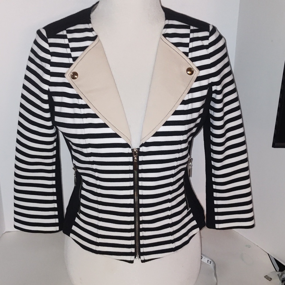 WHBM 3/4 sleeve Black White stripe ponte moto jacket. Size 4
